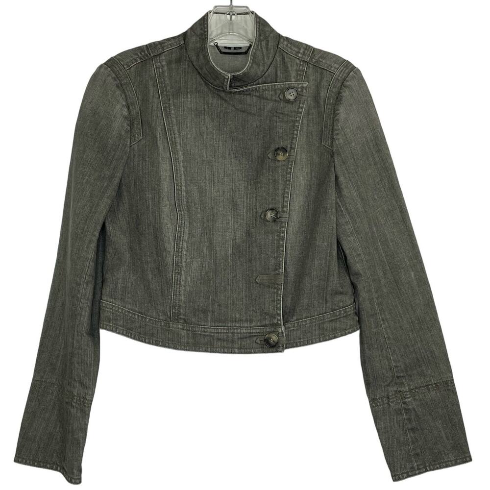 Theory Maddox grey cropped denim moto jacket women's size Large